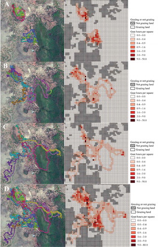 Figure 5. Breka village tracks from 16 goats in summer season (A), rainy season (B), winter season (C), and all three seasons combined (D). Map is set at latitude and longitude (84.360957, 20.213700) and (84.337890, 20.192133), approximately 5.8 km2