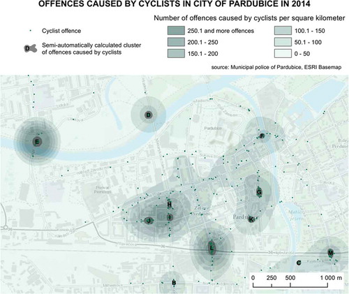 Figure 7. Heat map created using kernel density estimation depicting clusters of offences caused by cyclists.