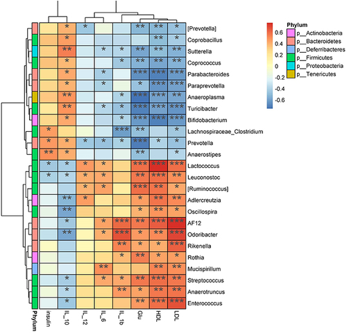 Figure 9 Correlation heatmap. Environmental factors are presented on the x-axis, and species of the microbiota are listed on the Y-axis. R-values (rank correlation) and P-values were obtained by calculation. The R values are color coded as shown in the legend on the right. The color bar on the left indicates the phylum to which the species belongs. *P < 0.05; **P<0.01; ***P < 0.001.