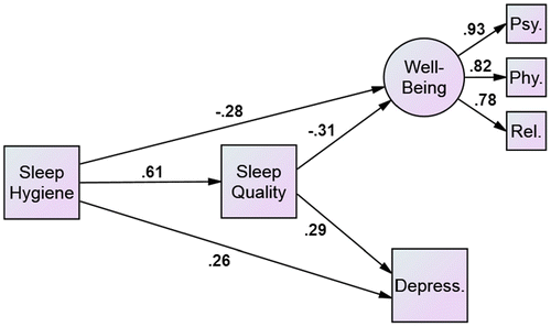 Figure 2. Partial mediation model in which sleep hygiene directly predicted mental health (operationalized as depression and subjective well-being) and yielded indirect effects via sleep quality.