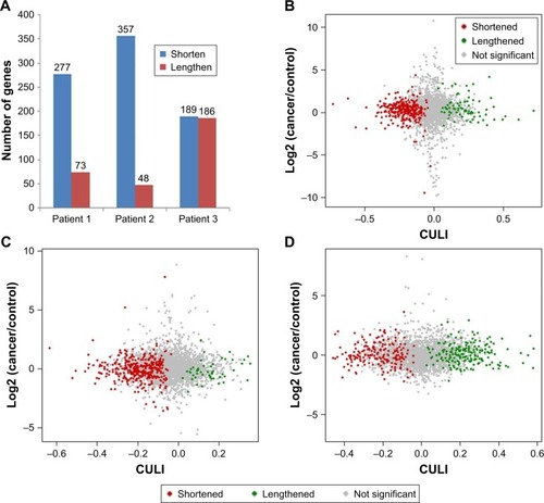 Figure 3 APA-mediated 3′-UTR alteration and the transcriptional activity of the affected genes in CRC patients compared with normal counterparts.