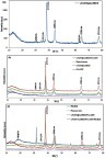 Figure 6 The XRD results of (A) γ-Fe2O3@Au/PβCD, (B) γ-Fe2O3@Au/PβCD, PAA-SDN, γ-Fe2O3@Au/PβCD/PAA-SDN, physical mixture of γ-Fe2O3@Au/PβCD and PAA-SDN and (C) γ-Fe2O3@Au/PβCD/PAA-SDN/PEI-βCD, γ-Fe2O3@Au/PβCD/PAA-SDN, PEI-βCD and physical mixture.