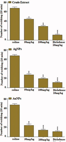 Figure 8. Effect of intraperitoneal administration of AuNPs and AgNPs in acetic acid induced test. Values are expressed as mean ± SEM *p<.05, **p<.01, ***p<.001 as compared to control. n = 6.