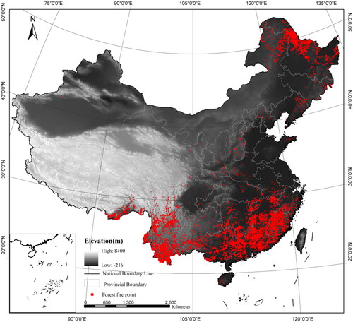 Figure 1. Distribution of forest fire points in China, 2001–2020.