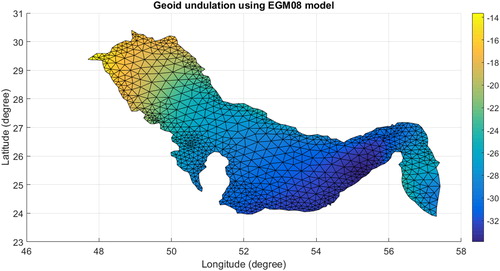 Figure 7. Geoid undulations N using EGM08 model.