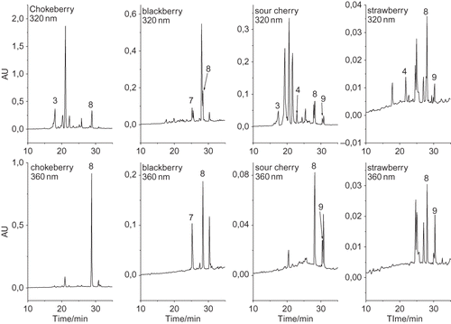 Figure 2 Examples of HPLC chromatograms of hydrolyzed ethyl acetate fractions recorded at 320 and 360 nm. Peak identification: 3, caffeic acid; 4, p-coumaric acid; 7, ellagic acid; 8, quercetin; 9, kaempferol.