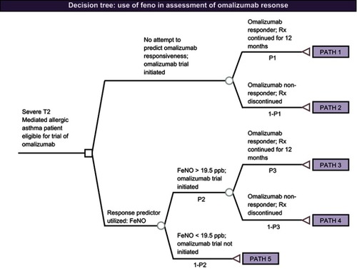Figure 1 Decision tree of FeNO use in assessment of omalizumab response.Abbreviation: FeNO, fractional exhaled nitric oxide; Rx, omalizumab therapy.