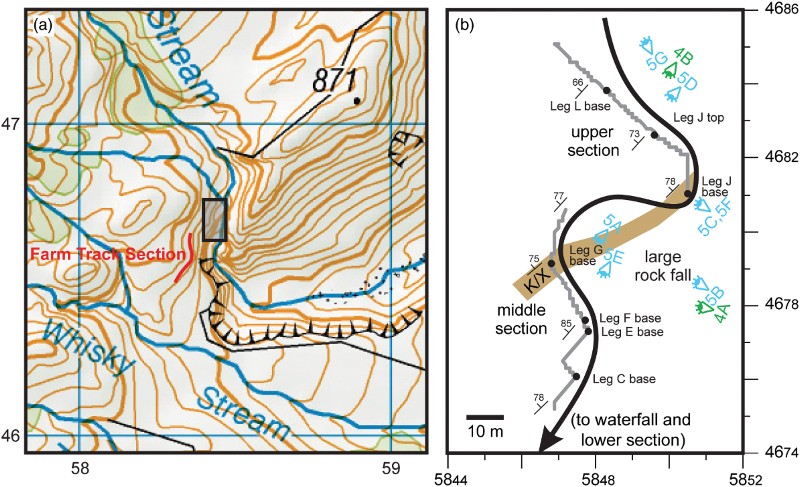 Figure 3 Location of the logged sections at Branch Stream, including the nearby farm track section. A, Part of Topo50 sheet BS27 (Tapuae-O-Uenuku) showing the main gorge (contour interval – 20m). B, Schematic illustration showing the two sections (middle and upper) within the gorge, as well as strike and dip indicators and the position of the K/X event, which is found in both sections. Light blue and green ‘cameras’ represent location and orientation of photographs in Figures 4 and 5.