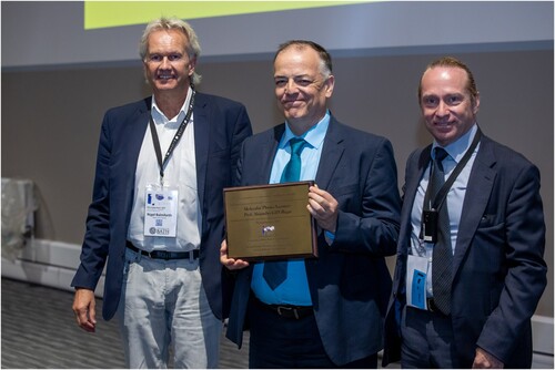 Figure 5. Molecular Physics Lecturer 2022: Alejandro Gil-Villegas (centre), Professor of Physics at the University of León, Guanajuato, Mexico (presented by Nigel Balmforth (left), Portfolio Manager, Taylor & Francis Group, and George Jackson (right), Editor and Chair of Molecular Physics).