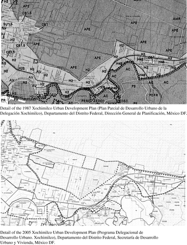 Figure 1. Comparison of zoning maps, selected area of the conservation zone, Xochimilco, Mexico City (1987, 2005).