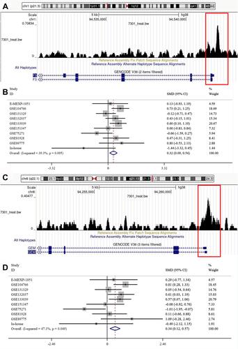 Figure 8 ATF3 regulates F3 and GEM. (A and C) There was an ATF3 binding peak (the red box) at the transcription initiation sites of GEM and F3. (B and D) Forest plot showing combined SMDs of F3 and GEM. Additionally, the similar results could also be seen in the other 6 genes (EMILIN1, FSTL3, GLT8D2, GPR176, RRAS and SERTAD3).