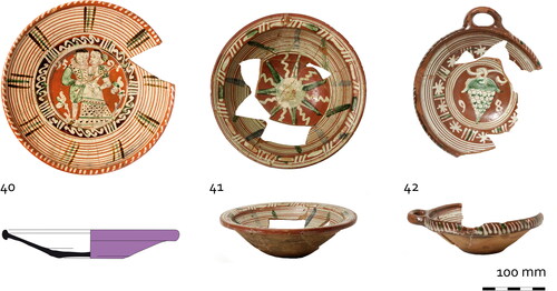 FIG. 13 WLO-155 (1595-1597/1601): Werra slipware from the land reclamation dump of Vlooienburg (1595-1597/1601), 40. dish (WLO-155-103), 41. bowl (WLO-155-276), 42. bowl (WLO-155-277) (photographs, Wiard Krook, drawings Ron Tousain, Monuments and Archaeology, City of Amsterdam). 