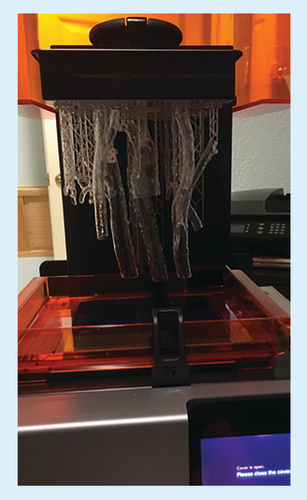 Figure 2. Form 2 (Formlabs), a stereolithography printer was used.STL files manipulated using Form 2's CAD software for placement within the printer 3D build volume. Two separate prints of 8–12 h each were required to print all model parts.CAD: Computer-aided design; STL: Standard Tessellation Language.