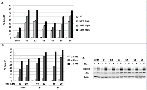 Figure 2. CP-resistant cells are hyper-sensitive to Nutlin induced apoptosis. (A) Parental MHM and CP resistant S1-S6 cells were untreated or treated with Nutlin (5, 10 and 20 μM) for 48 hours and percentage of cells with sub-G1 DNA content was determined. (B) Parental MHM and CP-resistant S1 and S4 cells were untreated or treated with Nutlin (10 μM or 20 μM) for 24, 48 and 72 hours and percentage of cells with sub-G1 DNA content was determined. (C) MHM and CP resistant S1-S6 cells were untreated or treated with Nutlin (10 μM) for 24 hours and p53, MDM2, and Actin levels were determined by immunoblotting.