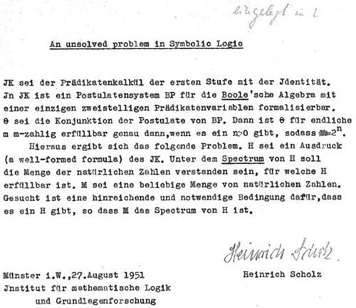 Figure 2. Heinrich Scholz. ‘An unsolved problem in Symbolic Logic’. Münster i.W. 27. August 1951. Universitäts- und Landesbibliothek Münster. Nachlass Heinrich Scholz. Typoskr. 1 b., 1 l.S., Sig. 122,054.