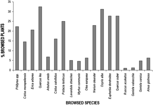 Figure 6. Browsed plants in relation to their overall abundance. For each species is reported the percentage of plants browsed in relation to the total number of plants recorded.