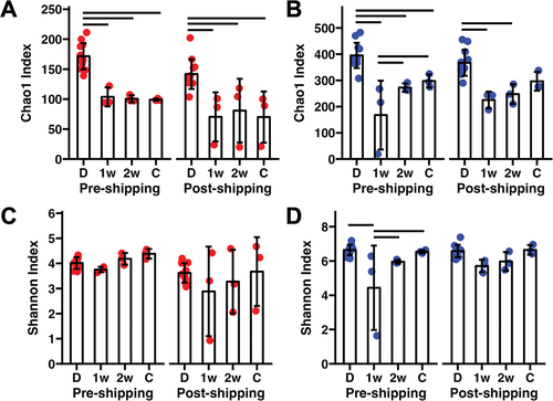 Figure 2. Box plots showing the Chao1 index in feces of ex-GF FMT recipients of material from B6J donors (a) or B6N donors (b) 1 week (1w) or 2 weeks (2w) post-FMT, or cecal contents (c) 2 weeks post-FMT, in relation to the relevant donor (d) group. (c,d) Box plots showing Shannon diversity in the same groups. Bars represent significantly differing groups. p < 0.05 Tukey post hoc testing.