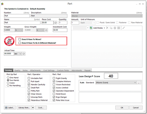 Fig. 9. Screenshot of the Design Profit form used to capture the characteristics that drive cost estimates. The actual time estimate is derived from assembly issues identified in the scoring tab.