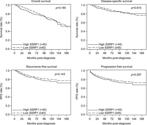 Figure 2 SSRP1 protein levels did not demonstrate any significant correlation with survival of breast cancer patients. Kaplan–Meier curves of survival outcomes for the primary sample.