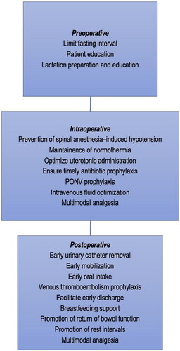 Figure 1. Components of the enhanced recovery after cesarean delivery pathway. Preoperative, intraoperative, and postoperative components of the Enhanced Recovery After Cesarean Delivery Pathway