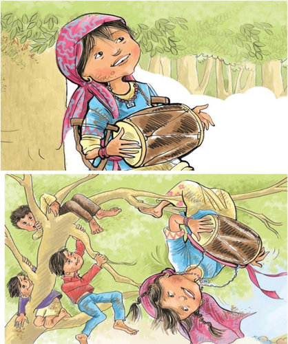 Figure 2. Dichi with her dholak and her hanging from the branches of the ash tree (Manokaran Citation2015).