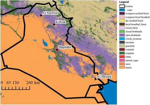 Figure 1. The 2009 land cover types for Iraq (MCD12Q1: MODIS Land Cover Product).