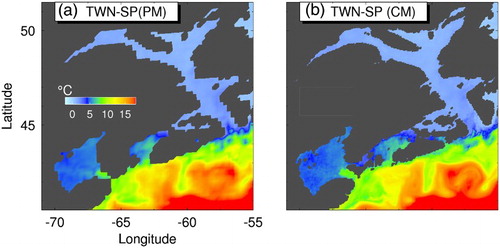 Fig. 19 Comparison of five-day mean temperature at 100 m on 26 August 2004 over the CM domain produced by (a) the PM and (b) the CM in experiment TWN-SP.