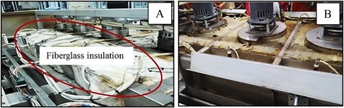 Figure 12. (A) Fiberglass insulation deterioration and (B) Deterioration of insulation around the blower motor.