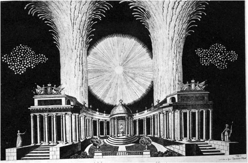 Abb. 1 Funken sprühen im großen alten Stil: Feuerwerk zur Hochzeit des Erbgroßherzogs Karl Friedrich und der Großfürstin Maria Paulowna in Weimar 1804 (Abb. aus Lotz, Das Feuerwerk, Tafel 15)