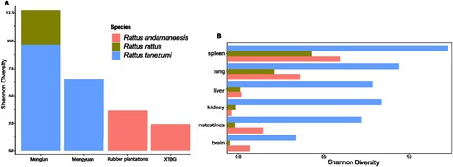 Figure 4. Overall mammal viral diversity in each rodent species across locations with varying influence of human activities and habitat disturbance (a). Mammal viral diversity of each rodent species at the organ level (b).