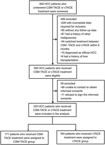 Figure 1 Study flow digagram.Abbreviations: CSM-TACE, transarterial chemoembolization (TACE) with CalliSpheres® microspheres; cTACE, conventional transarterial chemoembolization; HCC, hepatocellular carcinoma.