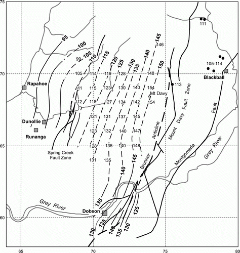 Figure 11  Palaeotemperatures (°C) of the Brunner coal horizon at the time of maximum burial. Full lines derive from Brunner Rank(Sr) values. Values at grid intersections are calculated from Upper Rewanui Rank(Sr) values, and that at 746720 (Paparoa Mine) is from the Lower Rewanui. East of the Mt Davy Fault Zone, the values are based on the Brunner seam. The grid numbers are in kilometres.