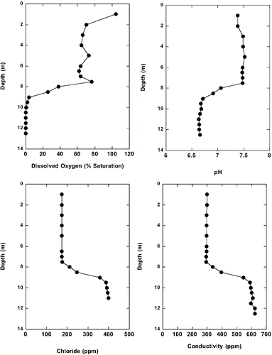 FIGURE 2: Selected results of student investigation of Woods Lake water chemistry. These data were collected November 21, 2009, and demonstrate that the lake remains unmixed and anoxic at depths below ∼9 m even in late fall. High levels of conductivity and chloride are likely the result of road-salt inputs.