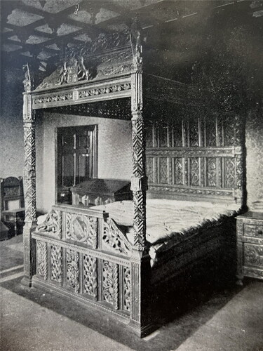 Fig. 9. The Thomas Stanley bed as seen in 1913. From Messrs C. W. Provis and Sons, The Manor House, Rochdale (Immediately Opposite the Town Hall) (Manchester 1913), opp. 17Courtesy of Touchstones, Rochdale