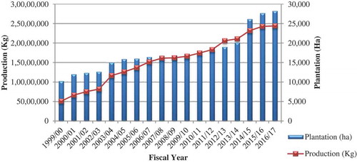 Figure 1. Plantation and production trend of tea in Nepal