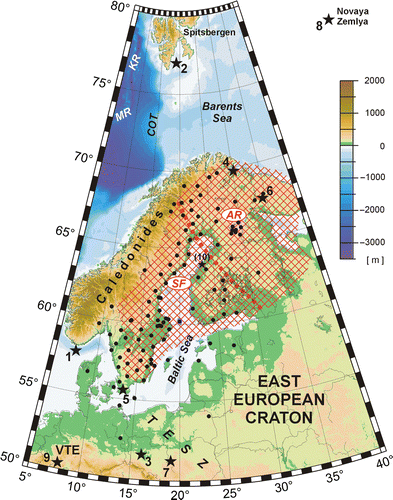 Fig. 2 The location of nine events (numbered black stars) and seismic stations (dots) used in this study on the topography/bathymetry map of the region (Amante & Eakins Citation2009). The small star with number 10 shows the location of a small event which occurred in western Finland and was recorded together with event no. 9; note that the location of event no. 8 is outside the map frame; for more details, see Table 1. The area of the Baltic Shield is hatched in red and thick red dashed line shows the location of the Ladoga–Bothian Bay shear zone between the Proterozoic Svecofennian (SF) domain in the south and the Archean Karelian (AR) domain in the north. The main tectonic elements of the region are as follows: TESZ, Trans-European suture zone; SW margin of the East European platform; VTE, Variscan terranes of Europe; KR and MR, Knipovich and Mohns ridges, parts of Mid-Atlantic Ridge; COT, continent–ocean transition.