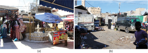 Figure 4. (a) An example of social square pocket (pocket number 1). (b) An example of street intersection commercial pocket (pocket number 10).