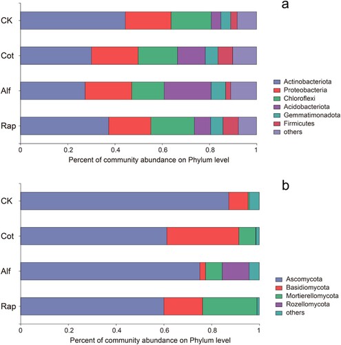 Figure 1. Relative abundance of dominant bacterial (a) and fungal phyla (b) (relative abundance >5%) under the reclamation of abandoned salinised farmlands by planting different crops. Cot, Cotton cropping; Alf, alfalfa cropping; Rap, rapeseed cropping. The same below.