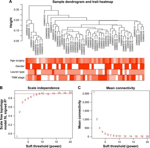 Figure 1 Samples clustering dendrogram and clinical traits indicator and determination of soft-thresholding power in WGCNA.