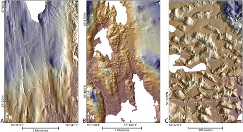 Figure 5. Examples of landscape position of glacial lineations. (A) Glacially streamlined surface. (B) Streamlined landform overlain by hummocks. (C) Subtle streamlined landforms superposed on hummocks. Blue arrows display ice-flow direction from glacial lineations. Background: Hillshade image (illumination from 45° on (A), 315° on (B), 90° on (C)) overlying a colored DEM; brown = low elevation, grey = intermediate, purple = high.