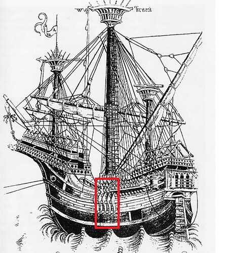 Figure 15. The frequently reproduced image of an early carrack (‘kraeck’) signed W. A. (first published by Max Lehr 1884 in Der Meister WA). The location of the 2019 excavation trench was over the equivalent part of the hull on the starboard side. W. A.s picture is very detailed and shows, among other things, standards on the outside of the hull, a decorated gallery in the stern with two ‘heads’, wooden scaffolding for anti-boarding netting, a small figure and a grapnel anchor in the bow and a swivel gun in the mizzen mast top. The aperture for the tiller (the ‘hennegatt’) is also very clear. It has been suggested that this picture was done in the process of making model ships in connection with the wedding between Charles the Bold of Burgundy and Margaret of York (sister of Edward IV) in 1468. At the feasts held in Bruges, the food was served on the first day in 30 gilded scale models of carracks. As the technique for attaching the shrouds during this period seems to undergo major changes it has been further suggested that this detail was added to the drawing later in the 1480s by W. A. (Sleeswijk, Citation1990). ‘WA Kraeck’. Original in Ashmolean Museum Oxford, inv. PA 1310. (Source: Rönnby & Adams, Citation1994, p. 40).