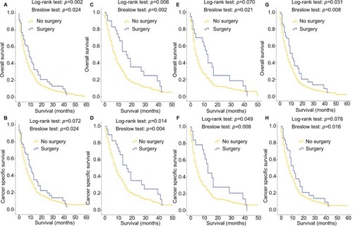 Figure 7 Kaplan–Meier curves of overall survival and cancer-specific survival according to whether or not metastasectomy has been done for all patients with single metastatic site (A, B), single metastatic patients with age <65 years (C, D), single metastatic female patients (E, F) and single metastatic patients with muscle-invasive bladder cancer (G, H).