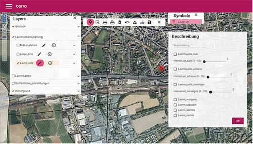 Figure 8. Adding an identified noisy place in OGITO-noise (Screenshot from application) Note: Refer to Appendix D for short descriptions of German terms.