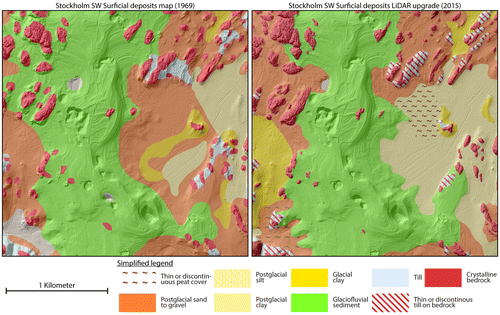 Fig. 5. Geologic maps from SW of Stockholm, Sweden, that have been remapped using LiDAR data.