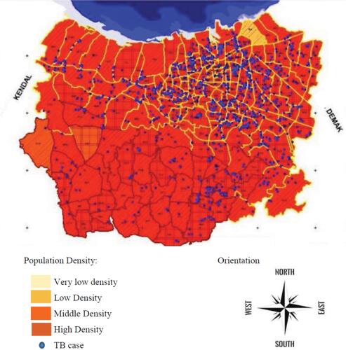 Figure 4 Distribution of TB in Semarang city based on population density in 2019.Notes: Reprinted with permission from Hartanto TD, Saraswati LD, Adi MS, Udiyono A. Analisis spasial persebaran kasus tuberkulosis paru di kota Semarang tahun 2018 [Spatial analysis of the distribution of cases of pulmonary tuberculosis in Semarang 2018]. Jurnal Kesehatan Masyarakat. 2019;7(4):719–727. Indonesian. Copyright 2019, Jurnal Kesehatan Masyarakat.31