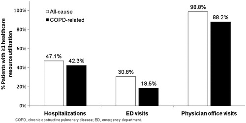 Figure 3.  Proportion of patients with all-cause and COPD-related healthcare utilization during follow-up year among sub-groups with ≥1 exacerbation at baseline year (n = 4349).