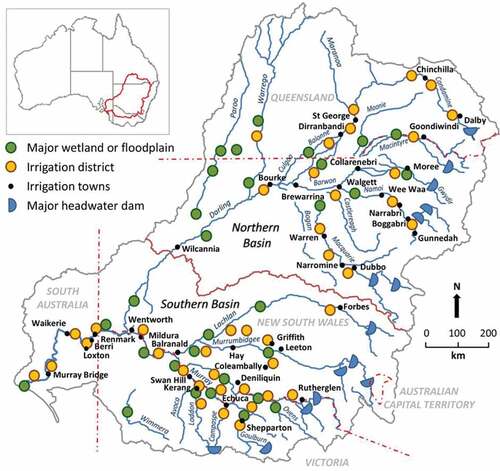 Figure 1. The Murray-Darling Basin, Australia: rivers, dams, floodplains, wetlands and irrigation districts.