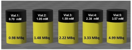 Figure 2 PET-MR imaging phantoms.Notes: Phantom vials (11.6 mm × 32 mm, V = 1.8 mL) containing [89Zr]Zr-FH dilutions with varying FH Fe concentrations and [89Zr]Zr initial activities prepared for simultaneous PET-MR imaging.Abbreviations: PET, positron emission tomography; MR, magnetic resonance; FH, Feraheme.