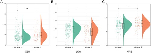 Figure 3. Comparison of disease severity between two clusters of spinal tuberculosis patients. (A) The differences in ODI scores between two clusters. (B) The differences in JOA scores between two clusters. (C) The differences in VAS scores between two clusters. *p-value < 0.05, ***p-value < 0.001.