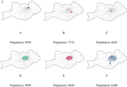 Figure 3. Spatial distributions of single-centred communities. Figure A, B and C show the small single-centred communities, while D, E and F show the large single-centred distributions.